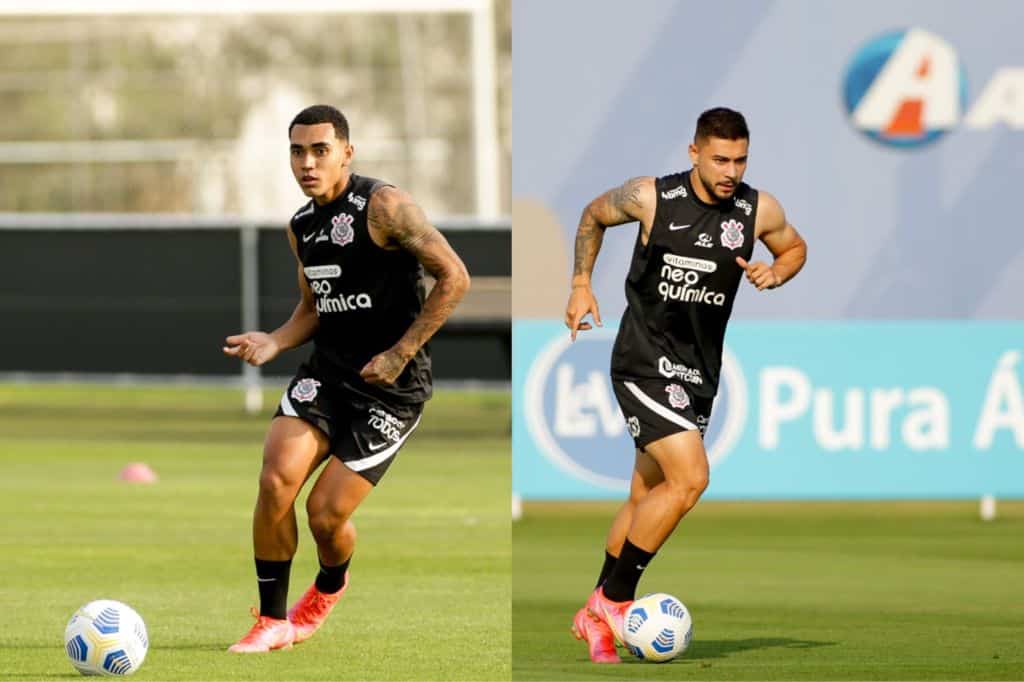 Du Queiroz e João Pedro em treino do Corinthians no CT Dr. Joaquim Grava. (Foto: Rodrigo Coca/Agência Corinthians)