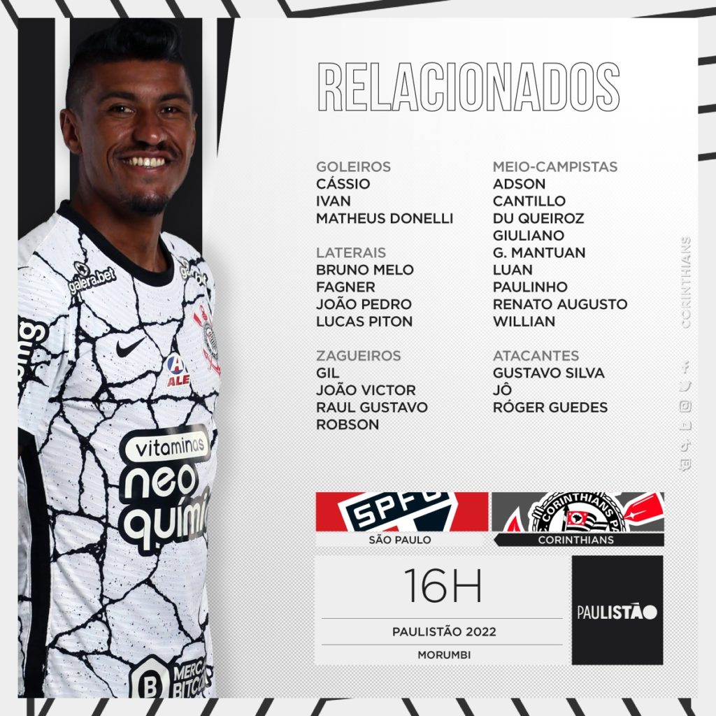 Corinthians emitiu a lista com 24 jogadores relacionados para o Majestoso deste sábado.