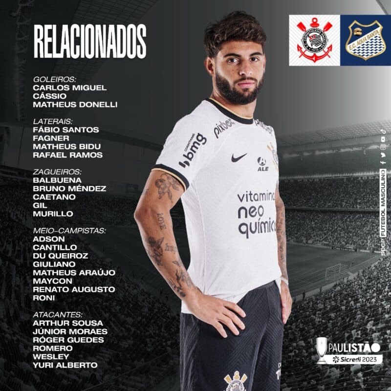 Corinthians divulga relacionados para o jogo contra Água Santa; veja os nomes