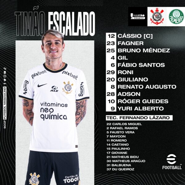 Escalação do Corinthians para Derbi contra o Palmeiras