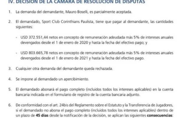 Documento do CAS informando o valor e o prazo que o Corinthians tem para pagar a Mauro Boselli