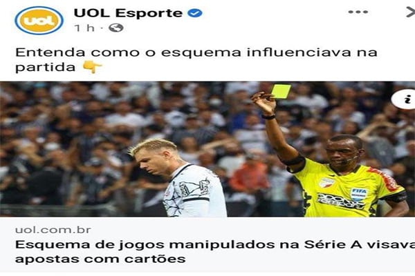 Print da matéria do UOL que se utilizou de maneira indevida da imagem do Corinthians, que nada tem a ver com os jogos investigados pelo MP