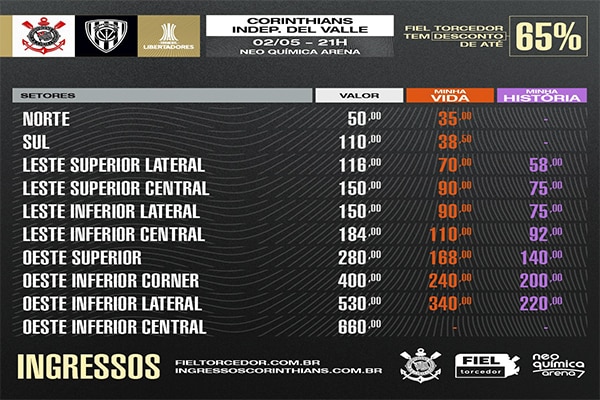 Corinthians divulga preços dos ingressos para partida diante do Independiente Del Valle