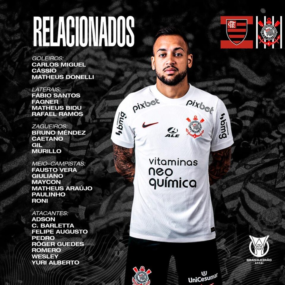 Corinthians divulga lista de relacionados para confronto diante do Flamengo pelo Brasileirão 2023