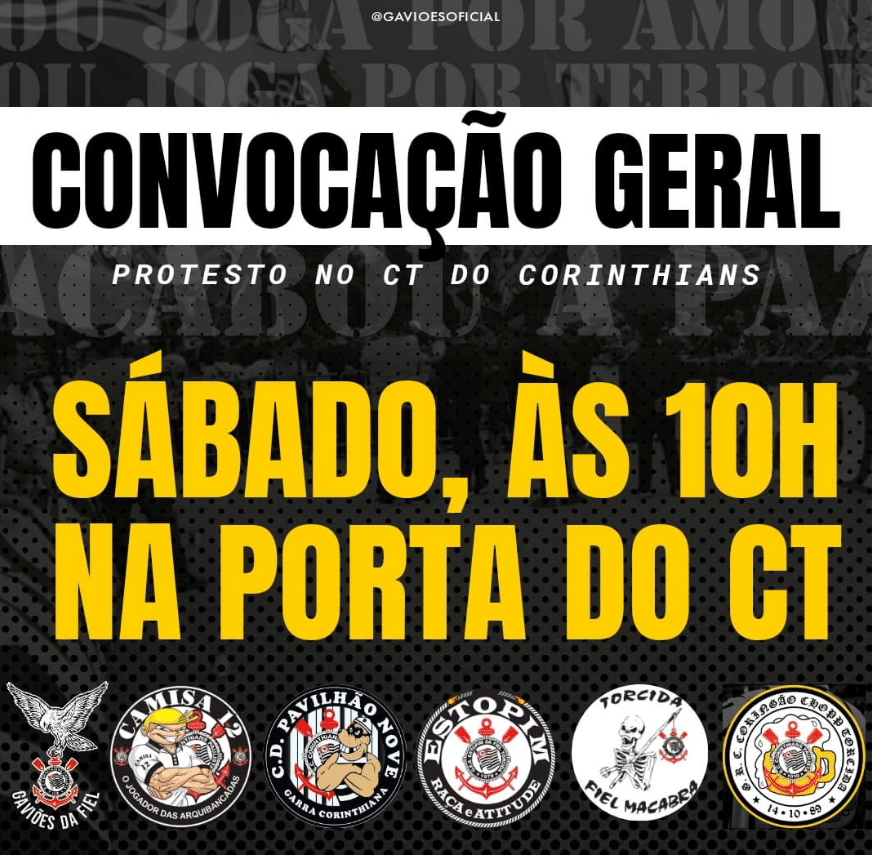 Principais torcidas organizadas do Corinthians convocam protesto na manhã deste sábado (06). Foto: Reprodução/Instagram