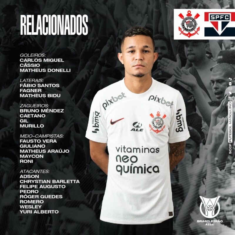 Corinthians divulga relacionados para clássico contra o São Paulo no Brasileirão 2023
