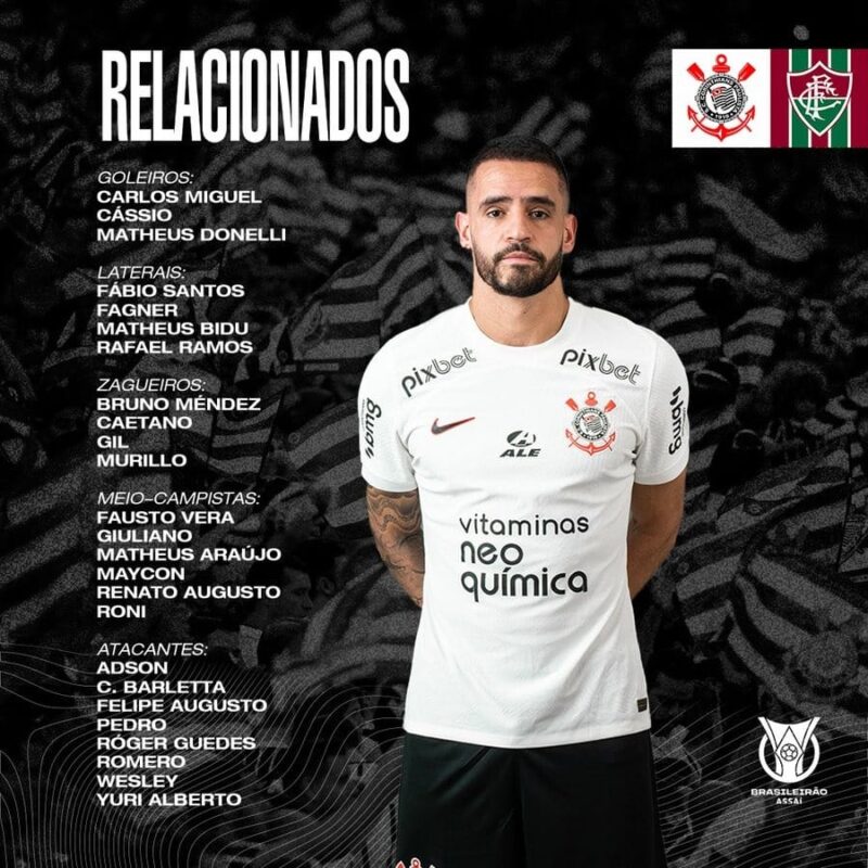 Corinthians divulga relacionados para o confronto contra o Fluminense