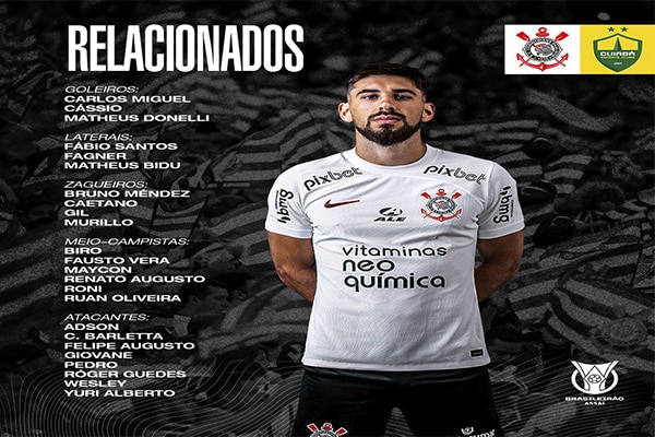 Corinthians divulga lista de relacionados para jogo contra o Cuiabá pelo Brasileirão 2023
