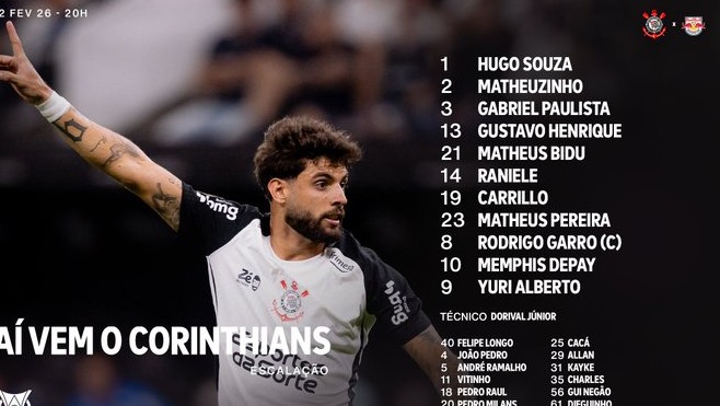 Corinthians escalado para a partida contra o Red Bull Bragantino