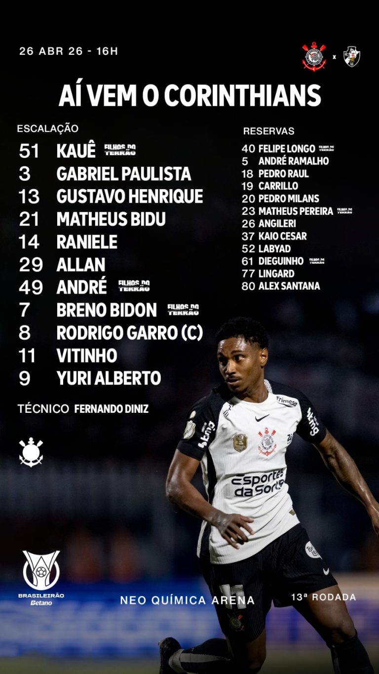 Corinthians escalado para a partida contra o Vasco